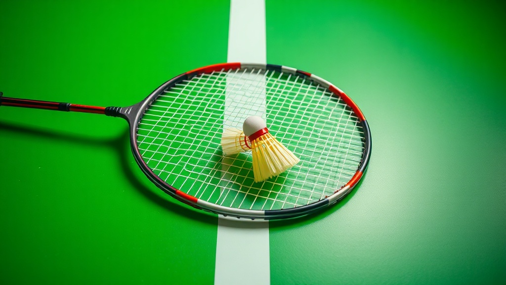 초록색 배드민턴 코트 바닥에 놓여있는 라켓과 하얀 셔틀콕의 모습