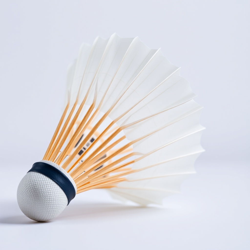셔틀콕의 16개 깃털이 정교하게 꽂혀있는 구조를 보여주는 근접 사진