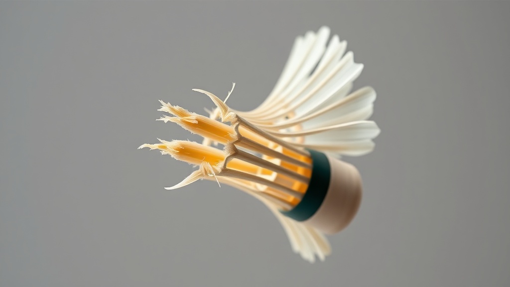 깃털이 손상되어 비행 균형이 무너진 셔틀콕의 상세 모습